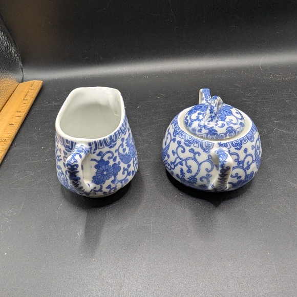 Vintage Phoenix Bird Flying Turkey Blue & White Covered Sugar & Creamer 3" - Picture 4 of 8